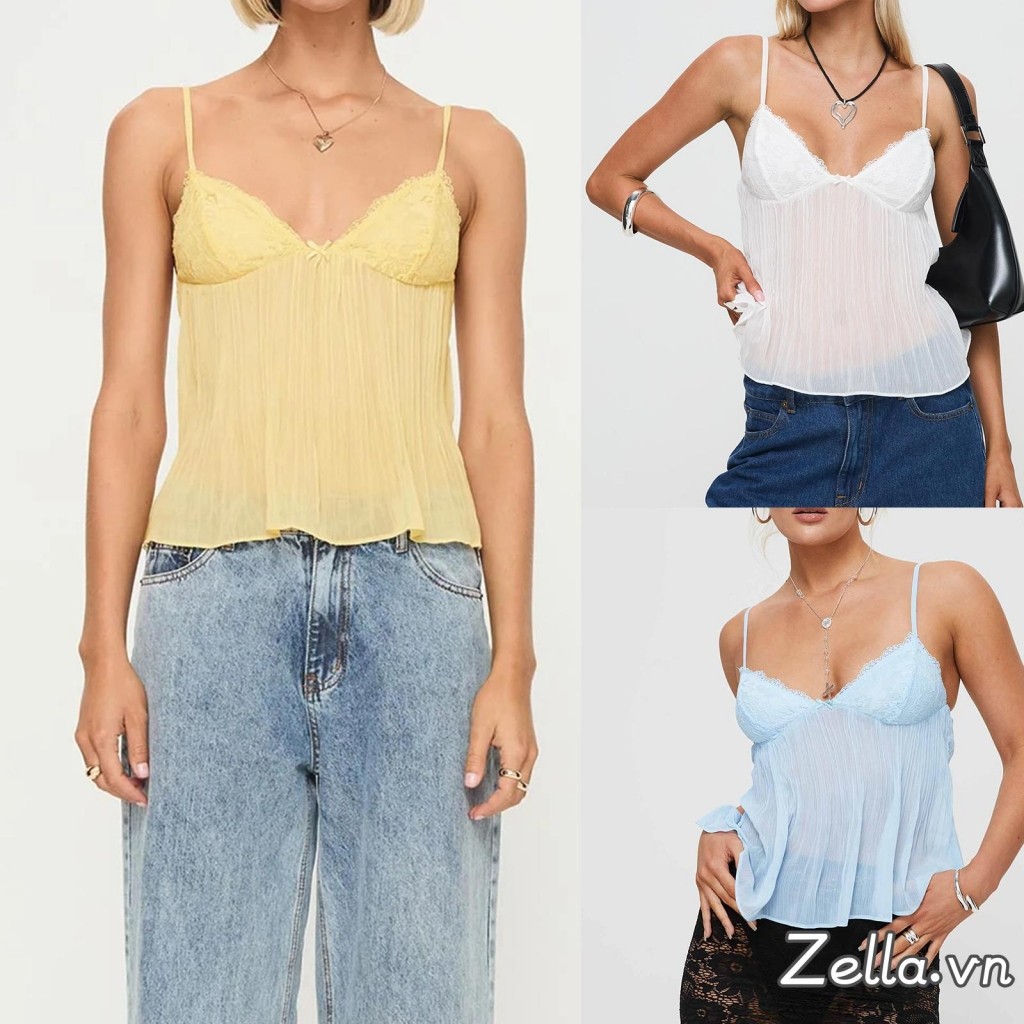 Nữ Xếp Ly Camisole Mini Nơ Phía Trước Spaghetti Dây Đeo Cổ Chữ V Ren Tank Tops