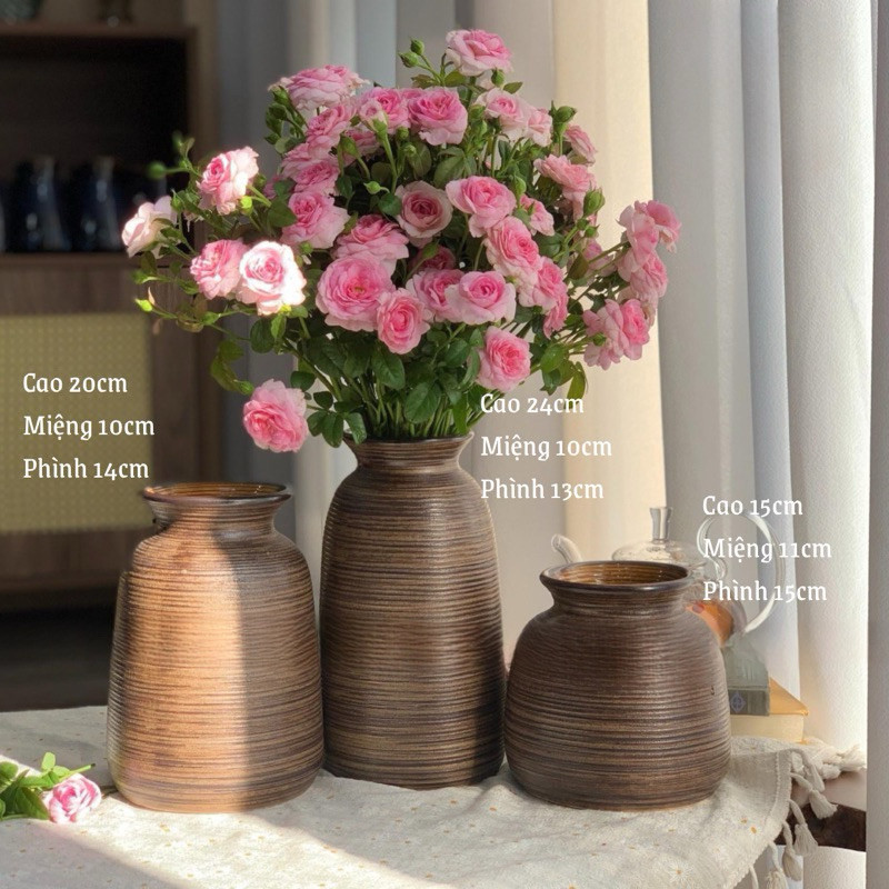 Bình gốm Bát Tràng men nâu mộc trang trí decor cắm hoa hồng, hoa sen, hoa mẫu đơn