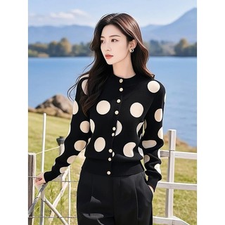 Kaichun Phong Cách Hàn Quốc Độc Đáo Đẹp Siêu Đẹp Đen Chấm Bi Dệt Kim Cardigan Áo Len Nữ Thiết Kế Niche