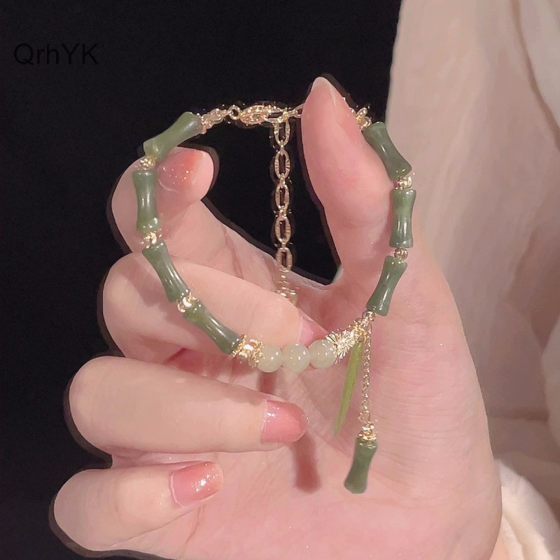 Nhà Máy Thời Trang Phong Cách Trung Hoa Retro Xanh Tre Khớp Đính Hạt Vòng Tay Cho Nữ Thời Trang Đơn Giản Quyến Rũ Hợp Kim Lá Vòng Tay Trang Sức Quà Tặng QrhYK