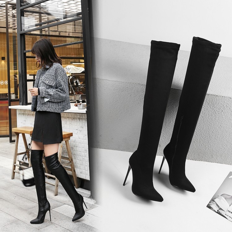 Giày Bốt Nữ Cao Gót 12CM Stiletto, Dây Giày Co Giãn, Đen, Size 34–48, Trên Đầu Gối