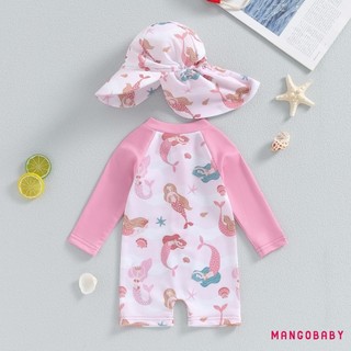 Mg-bộ đồ tắm bé gái Bộ đồ tắm dài tay Rash Guard Đồ bơi vành rộng Mũ chống nắng cho trẻ sơ sinh
