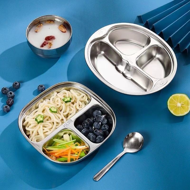 Đĩa Thép Không Gỉ 304 Ngăn Trẻ Em Khay Ăn 211 Điểm Hộp Cơm Trưa Đĩa Định Lượng Trẻ Em Đĩa Thức Ăn Nhanh Đĩa Giảm Cân Giảm Béo Đĩa Điều Khiển Thực Phẩm Đĩa