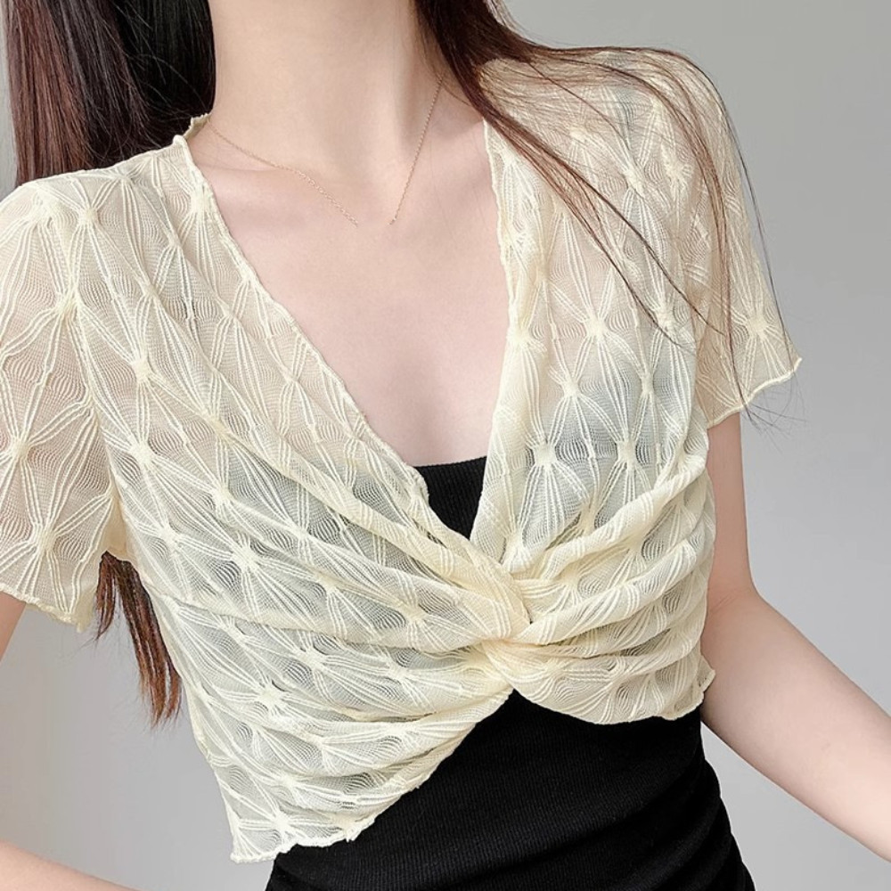 Áo Chui Đầu Ren CHIPHIVE lưới cổ chữ V rỗng crop top sọc thời trang, phù hợp cho kỳ nghỉ và bảo vệ khỏi ánh nắng