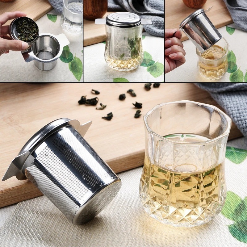 Dụng cụ lọc trà bằng thép không gỉ 304 - Bộ lọc cà phê lưới mịn - Hộp đựng trà có nắp - Dung tích lớn, Tay cầm đôi, có thể tái sử dụng - Phụ kiện nhà bếp gia đình - Máy pha trà