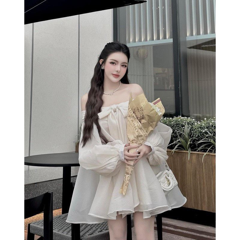 Váy babydoll trễ vai, đầm babydoll nơ ngực chất von mềm tay phồng xinh xắn hyominstore