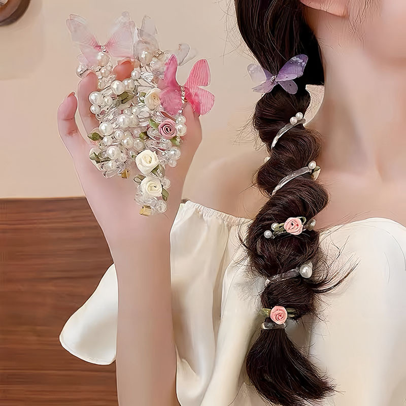 2025 Phong Cách Mới Bướm Buộc Tóc Hoa Hồng Ngọc Trai Dây Điện Thoại Dây Buộc Tóc