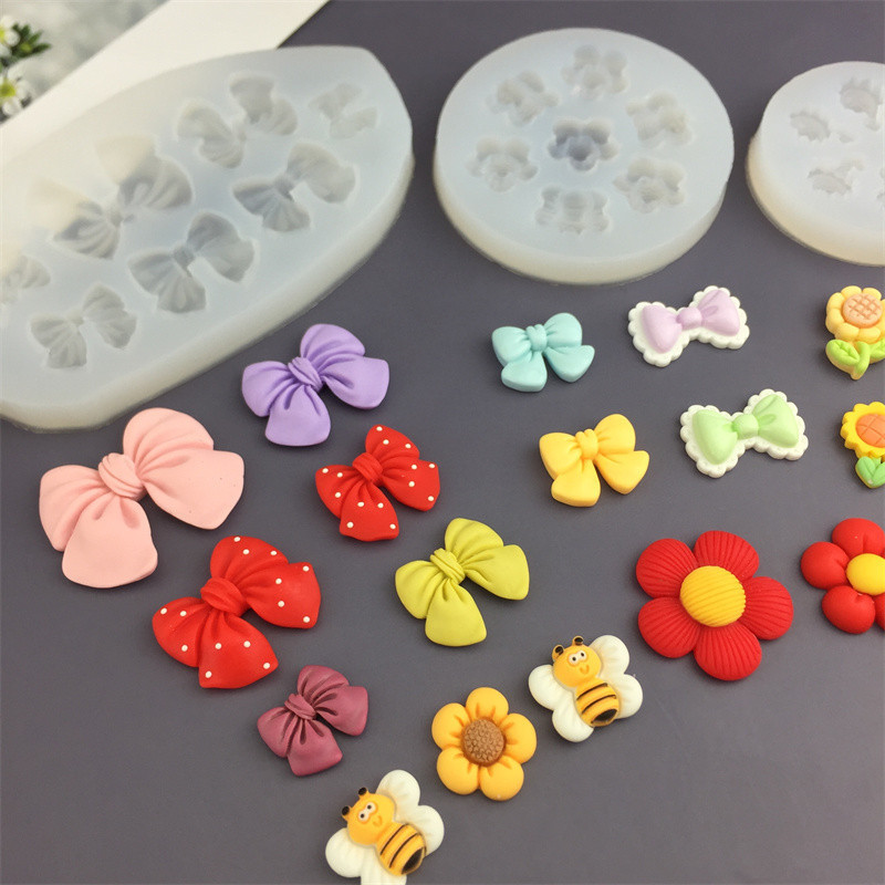 Năm Cánh Hoa Hướng Dương Ong Hoa Nơ Hoa Silicon Khuôn Trang Trí Bánh Sô Cô La Khuôn Handmade Hoàn Thiện Mô Hình Thạch Cao Trang Trí Khuôn