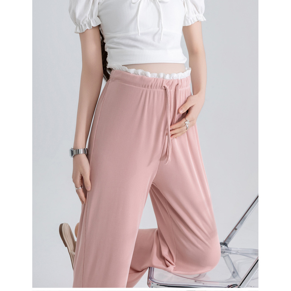 Quần bà bầu Mùa hè Phong cách mới Không nâng bụng Dây rút Ice Silk Quần ống rộng
