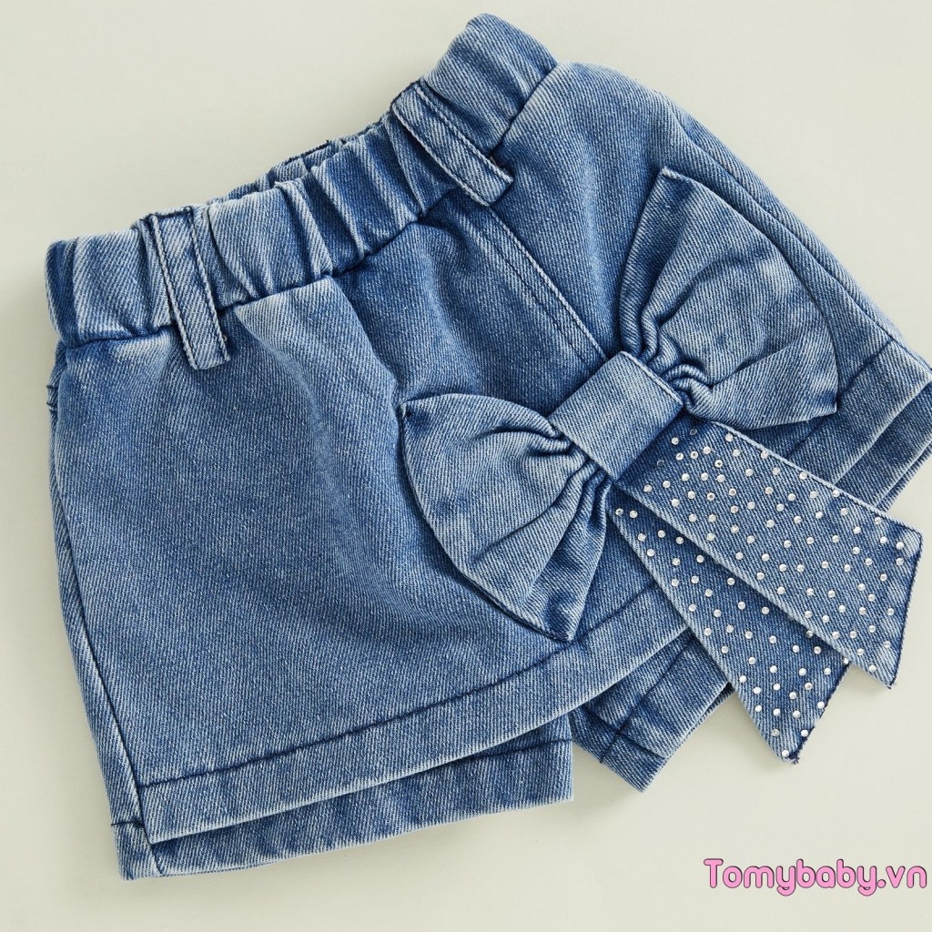 Bộ trang phục 2 món mùa hè cho bé gái Bộ Áo hai dây Denim cổ điển kèm quần short nơ