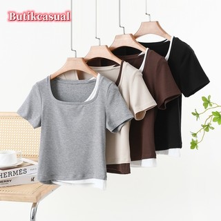 Nữ Ren Áo Thun Nữ Tay Ngắn Trơn 2025 Mùa Hè cotton Thời Trang Giả Hai Áo Sơ Mi Mỏng Áo Thường Ngày