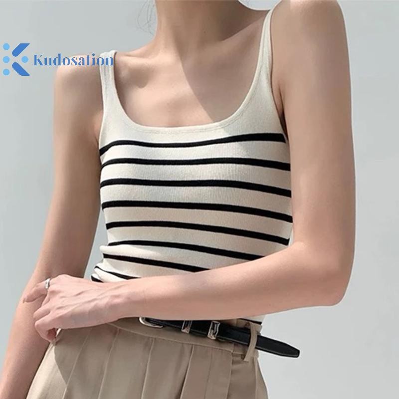 Kudosation Thời Trang Mùa Hè Sọc Cổ Vuông Không Tay Cơ Bản Mỏng Dệt Kim Tank Top Dành Cho Nữ Đẹp
