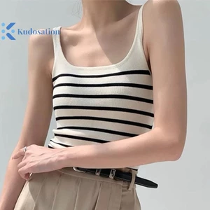 Kudosation Thời Trang Mùa Hè Sọc Cổ Vuông Không Tay Cơ Bản Mỏng Dệt Kim Tank Top Dành Cho Nữ Đẹp