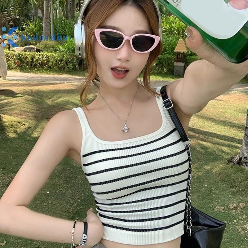 Kudosation Thời Trang Mùa Hè Sọc Cổ Vuông Không Tay Cơ Bản Mỏng Dệt Kim Tank Top Dành Cho Nữ Đẹp