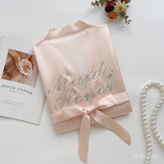Áo choàng buổi sáng đính đá xuyên biên giới cho cô dâu và phù dâu, đội băng lụa truyền nhiệt, đồ ngủ cao cấp cho đám cưới, áo choàng mùa hè dài cho phụ nữ
