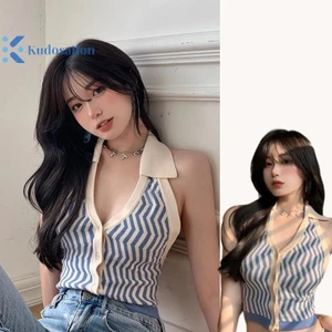 Kudosation Dệt Kim Crop Top Nữ Cổ Gắn Xe Tăng Áo Gợi Cảm Mùa Hè Sọc Midriff-baring Áo Lưng Không Tay Sang Trọng Y2k Top Đẹp