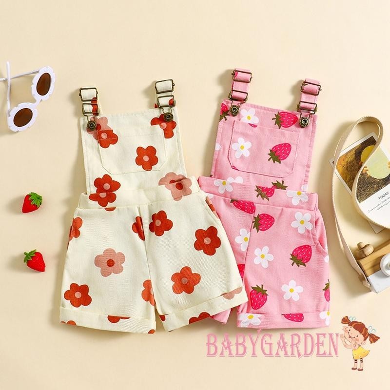 Baga-6m-6y Trẻ Em Bé Gái Denim Áo Liền Quần Hoa Không Tay / Dâu In Quần Short Suspender Cho Bé