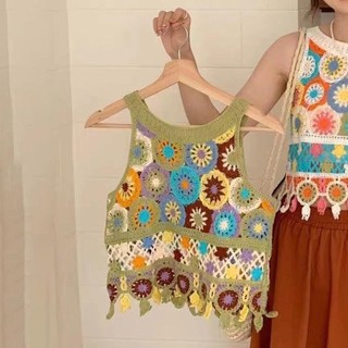 Áo len dệt kim BAIHECrop Top boho nữ, tua rua ngắn, thời trang không tay