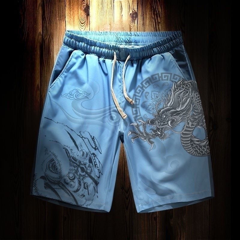 Quần short họa tiết rồng thời trang quốc gia mùa hè Xingshi Phong cách Trung Quốc Hợp thời trang dáng rộng Hình xăm xã hội Quần short nam