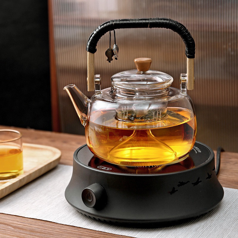 Ấm Thủy Tinh Pha Trà Quai Gỗ Có Lõi Lọc Có Thể Đun Trên Các Loại Bếp