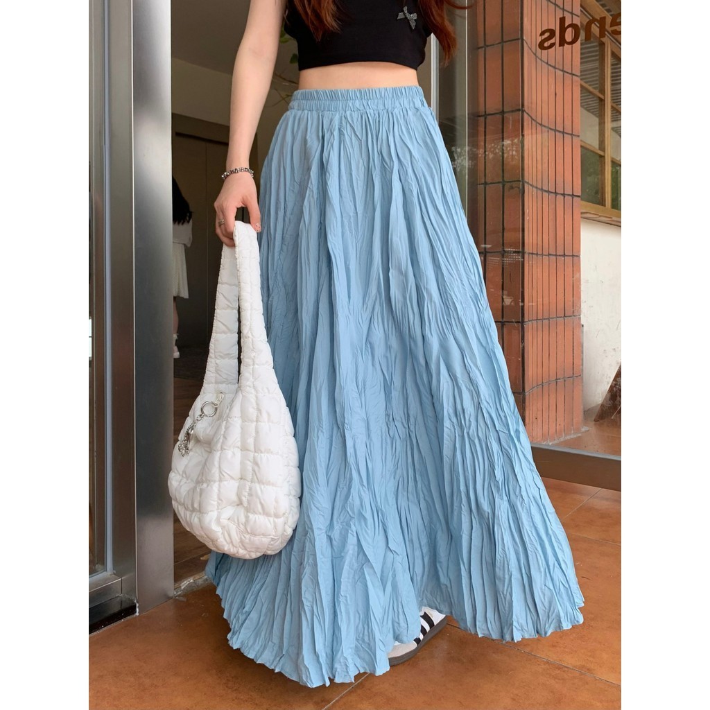 Suxi Thời Trang Mới Váy Maxi Mùa Hè Phong Cách Hàn Quốc Xếp Ly Nữ Midi Dài Váy Chữ A 240421