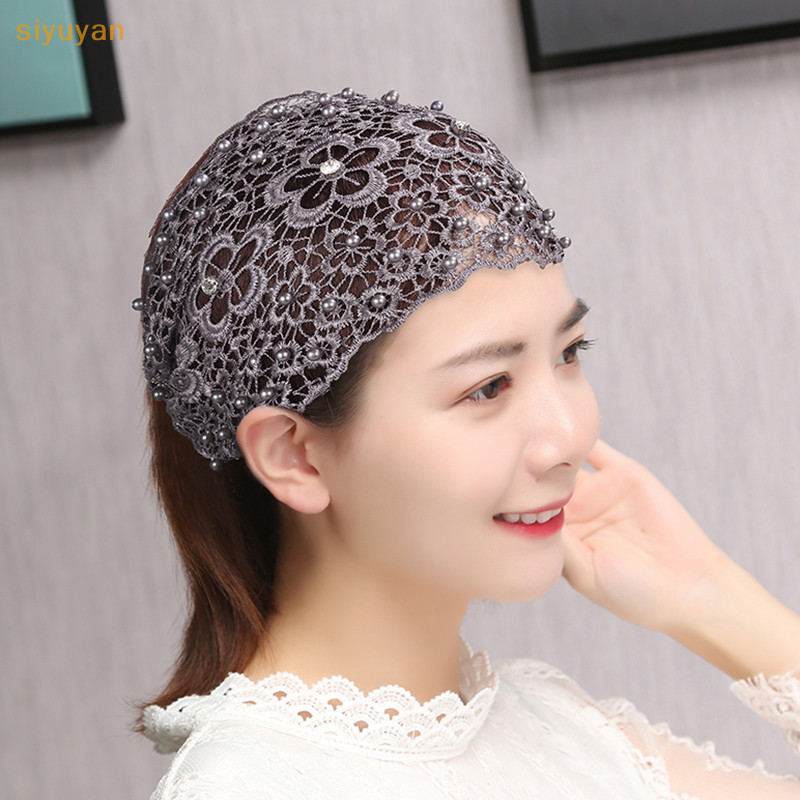 Siyuyan Nữ Ren Hoa Headwrap Ngọc Trai Nhúng Ren Hoa Kerchief Ren s Dành Cho Nữ Lưới Đàn Hồi Cao Headwrap Xuân Hè Thanh Lịch Phụ Kiện Tóc VN