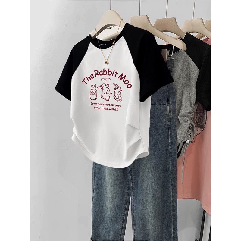 Suxi Retro In Hình Mùa Hè Mới Thường Ngày Màu Sắc Tương Phản Cổ Tròn Ngắn Tay Áo Thun Nữ Nguyên Chất Cotton Top 240529