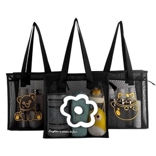 Túi giặt ROOMYCO, có dây kéo Túi Tote đi biển, Túi trong suốt lưới Nylon hoạt hình hoa thời trang dành cho nữ