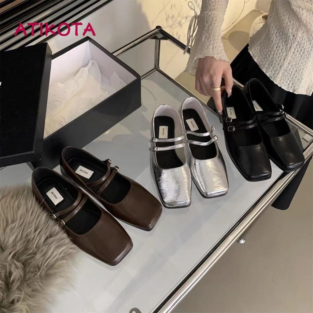 Atikota Nữ Thời Trang Mary Janes Thoải Mái Mềm Dẹt Thoáng Khí Có Thể Điều Chỉnh Khóa Đầu Vuông Nông Miệng Búp Bê Giày
