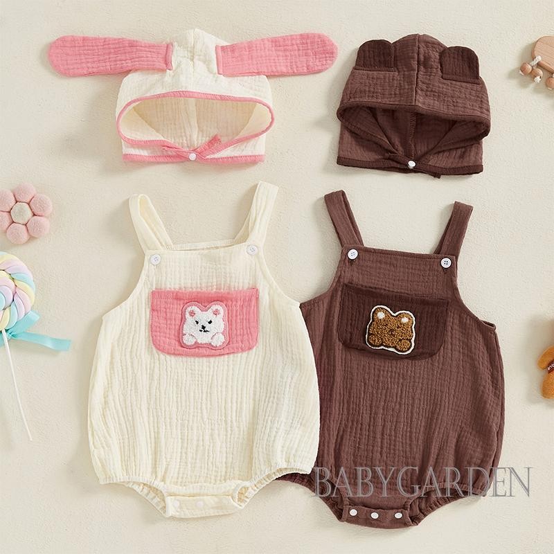 / / -Bộ Áo liền quần tổng thể mùa hè cho bé gái Bộ áo liền quần không tay thêu thỏ có mũ