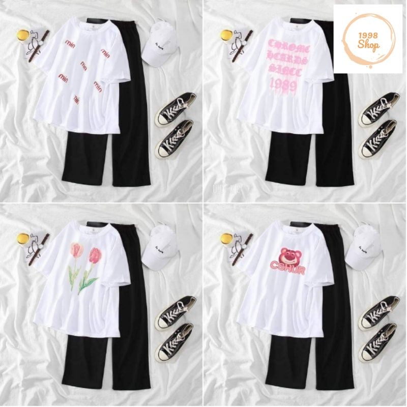 Tổng hợp các sét quần ống rộng hack dáng đen+ mix áo phông form rộng unisex