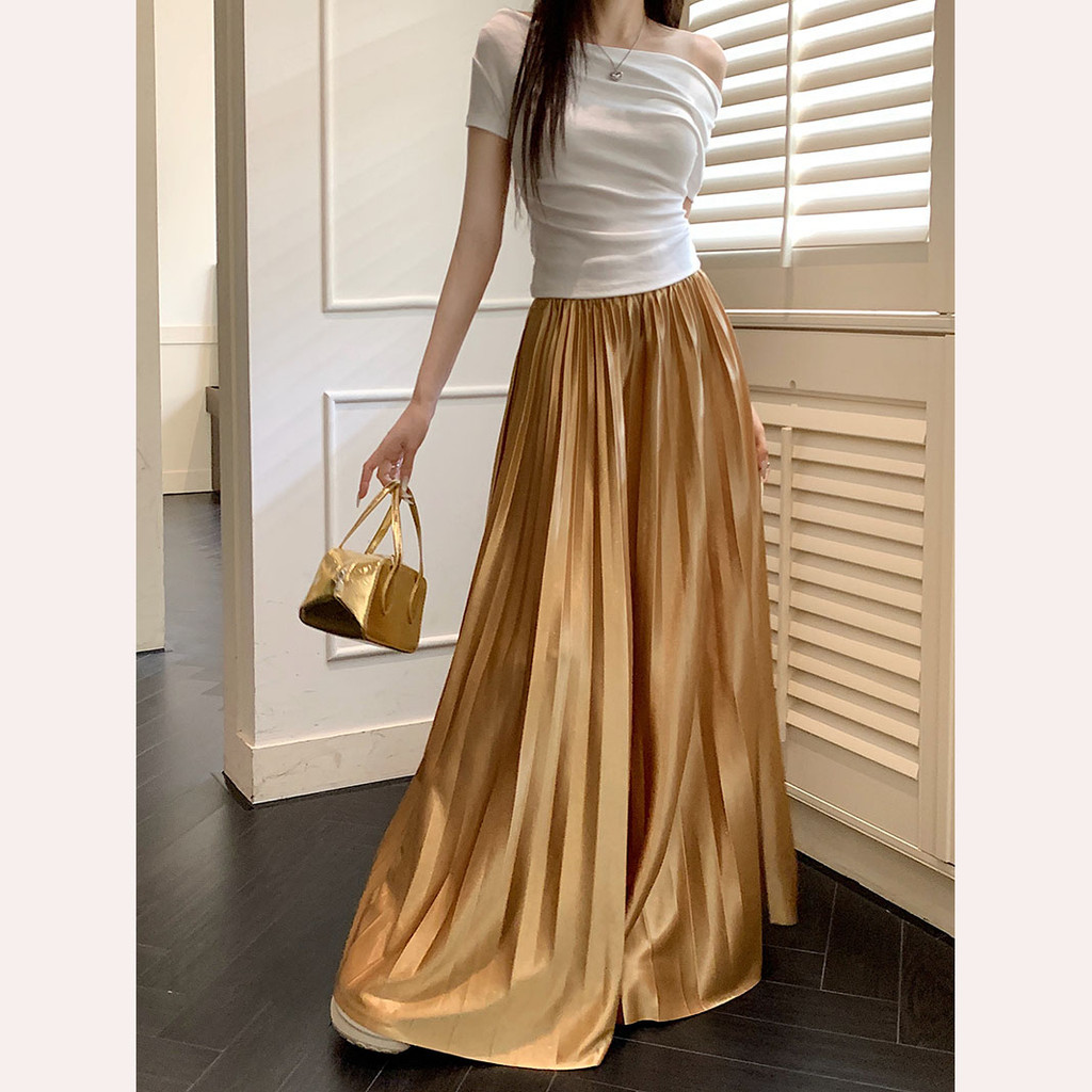 SUXI Tính khí mùa xuân Thiết kế nhẹ nhàng Drape Váy dài nữ cạp cao 250228