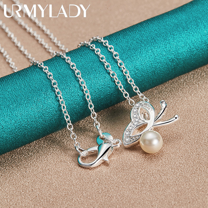 URMYLADY Bạc 925 Bướm Ngọc Trai Mặt Dây Chuyền 16-30 Inch Vòng Cổ Cho Nữ Trang Sức Thời Trang
