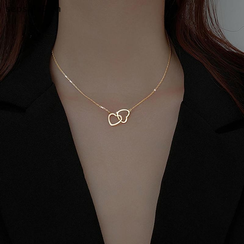 # Sepsale # Vòng cổ trái tim đôi bằng thép không gỉ Mặt dây chuyền trái tim rỗng Vòng cổ xương đòn.