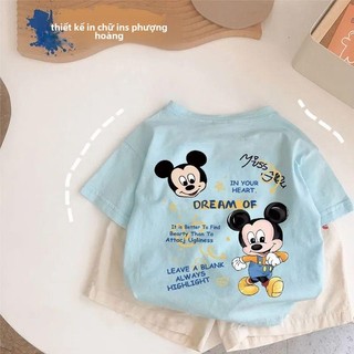 Áo thun trẻ em cotton 100%- In hình chuột Mickey dễ thương -Áo tay ngắn thoáng mát, mềm mại cho bé trai bé gái