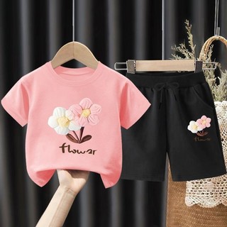 Bộ áo thun ngắn tay họa tiết hoa cho bé gái 2025 và quần Short dài đến đầu gối Bộ trang phục hợp thời trang