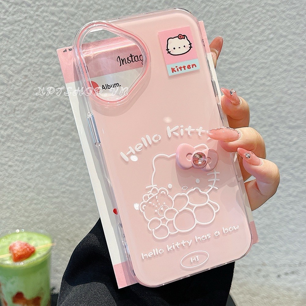 Ốp Điện Thoại Acrylic Nơ Màu Hồng Cat Cho iPhone 17 Pro Max 16 Plus 15 14 13 Pro Max Thạch Chống Sốc IMD Bảo Vệ Vỏ