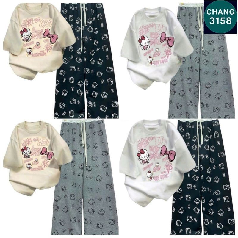 Tổng hợp các sét Bộ Quần Họa Tiết Mèo + mix áo phông Unisex form thụng tay lỡ - hình Mèo cute-CHANG 3158