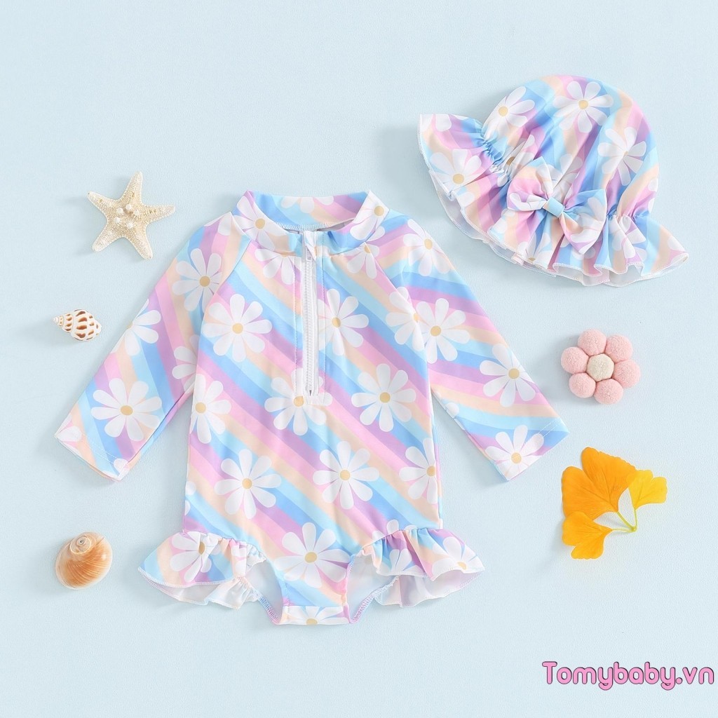 Bộ Đồ Bơi Bé Gái Zip Lên Cổ Tròn Tay Dài Rash Guard Đồ Bơi Hoa + Nơ Mũ Chống Nắng Tắm Bộ Trang Phục