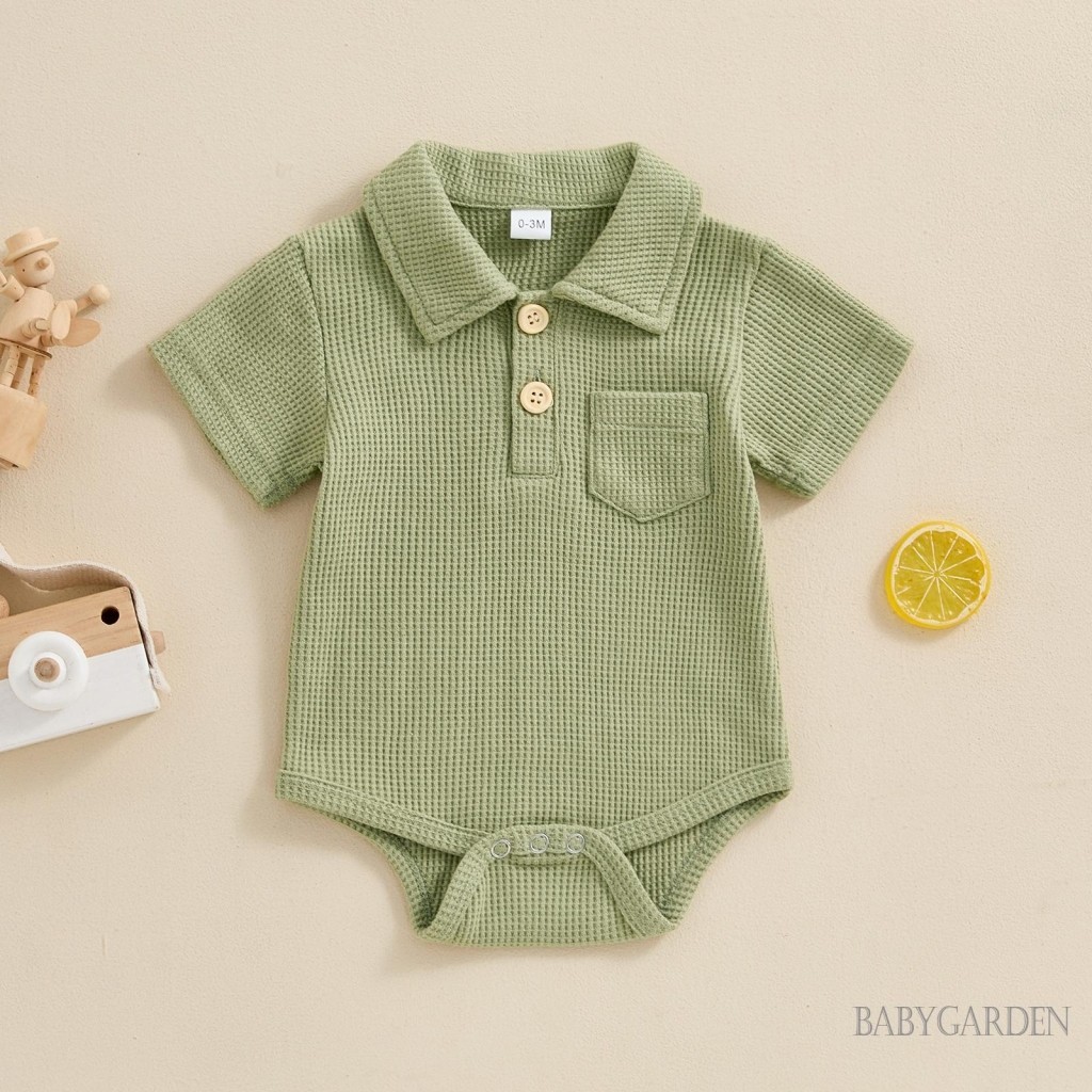 Baga-infant Bé Trai Mùa Hè Áo Liền Quần Sơ Sinh Tay Ngắn Ve Áo Nút Lên Màu Trơn Thường Ngày Body Màu Trơn