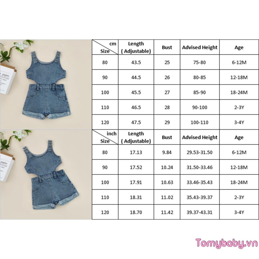 Bộ áo liền quần Denim cho bé gái màu trơn cổ vuông không tay áo liền quần rỗng cho mùa hè