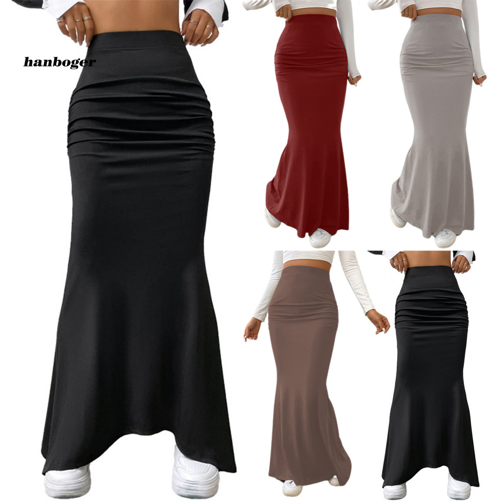 Váy đuôi cá Han Váy đuôi cá màu trơn Váy Maxi đuôi cá cạp cao sành điệu dành cho nữ Slim Fit Nâng hông Chiều dài mắt cá chân Hoàn hảo cho các tín đồ thời trang Đông Nam Á