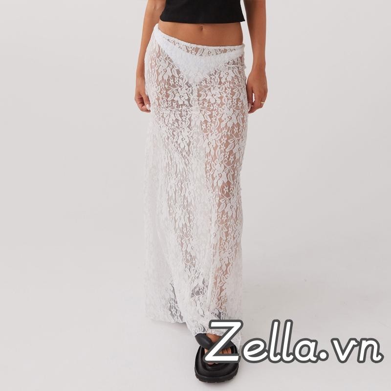 Váy dài ren nữ Vintage cạp cao màu trơn xuyên thấu Midi Slim Fit Váy mùa hè