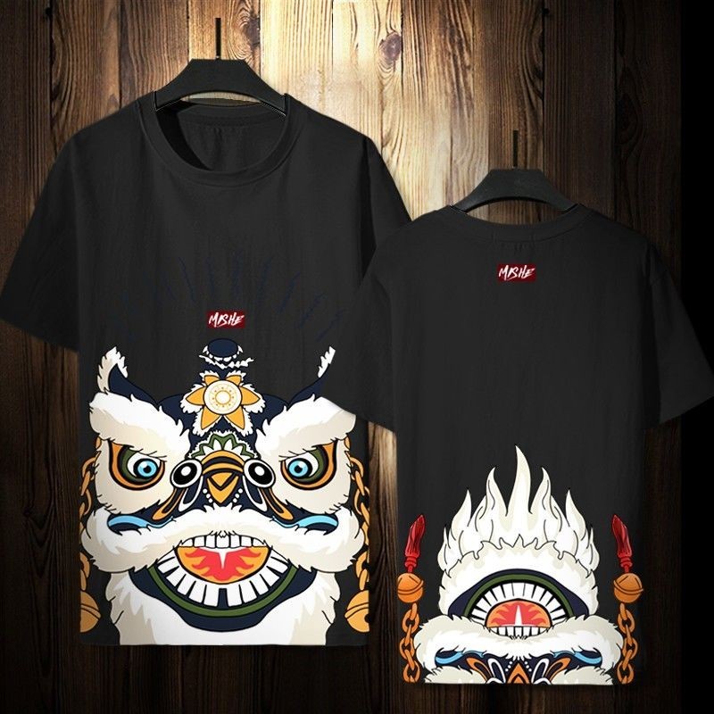 Phong Cách Trung Hoa Hợp Thời Trang Múa Sư Tử Áo Thun Nam Tay Ngắn plus Size Retro Thời Trang Nam Tay Ngắn Mùa Hè Áo Thun Nhanh Khô
