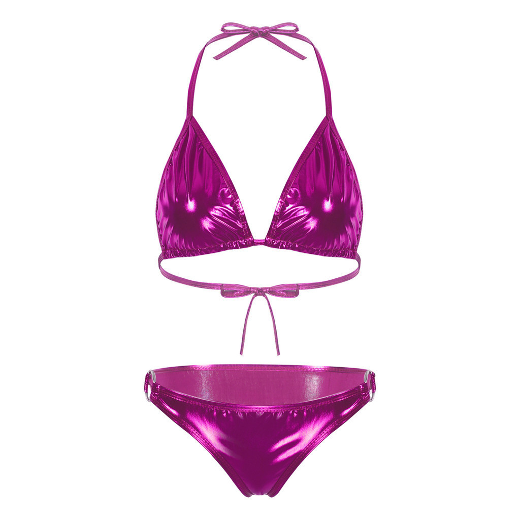 YOOJOO Nữ Kim Loại Sáng Bóng Bikini Đồ Bơi Bể Bơi Đảng Bộ Đồ Tắm Dây Áo lót Có Vòng Chữ O Quần Đùi