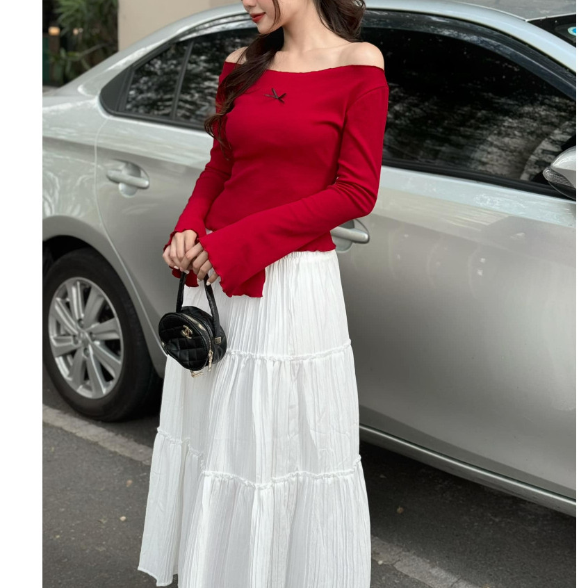 ( Có tách set) Set váy áo trễ vai tay dài phối nơ và chân váy đũi dáng dài phong cách điệu đà tiểu thư- A277, CV051