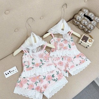 J15- Set áo hai dây hoa phối ren thêu phối với quần bo chun cho bé gái [kèm khăn) Size từ 7-26Kg