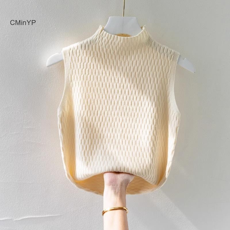 Cminyp Mùa Hè Hàn Quốc Nửa Cổ Cao Cổ Dệt Kim Áo Vest Nữ Màu Trơn Không Tay Slim Tank Top Glory