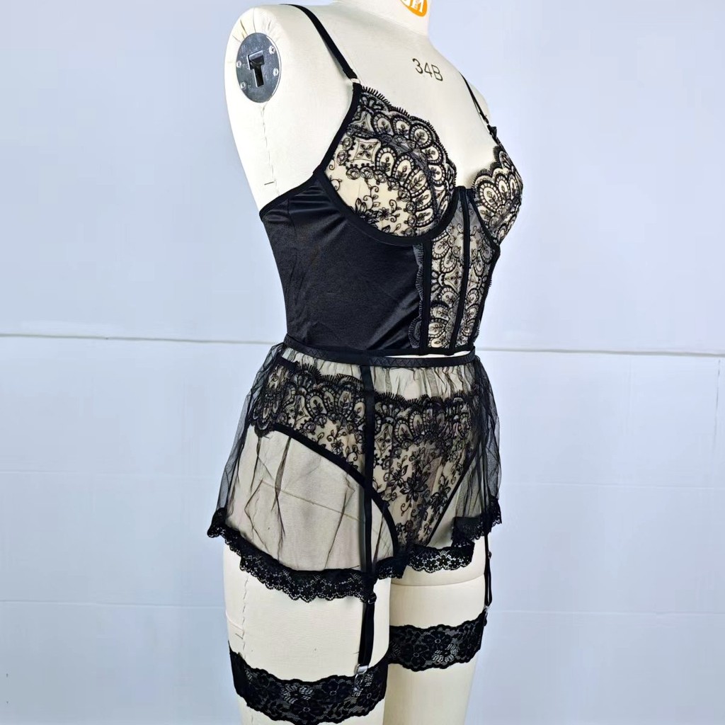 Châu Âu Mỹ Mới Phong Cách Nhẹ Ren Đen Phối Cảnh Khâu Garter Thắt Lưng Xương Cá Xuyên Biên Giới Gợi Cảm Bộ Bốn Mảnh