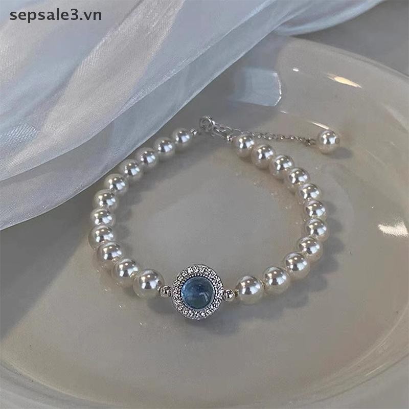 # Sepsale # Vòng tay kim cương giả ngọc trai giả cổ điển thanh lịch Tính khí sang trọng Dây chuyền tinh tế Thiết kế thích hợp Vòng tay ngọc trai pha lê màu xanh.